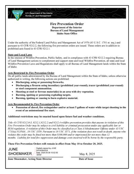 Blm Idaho Fire Prevention Order 2025 Bureau Of Land Management